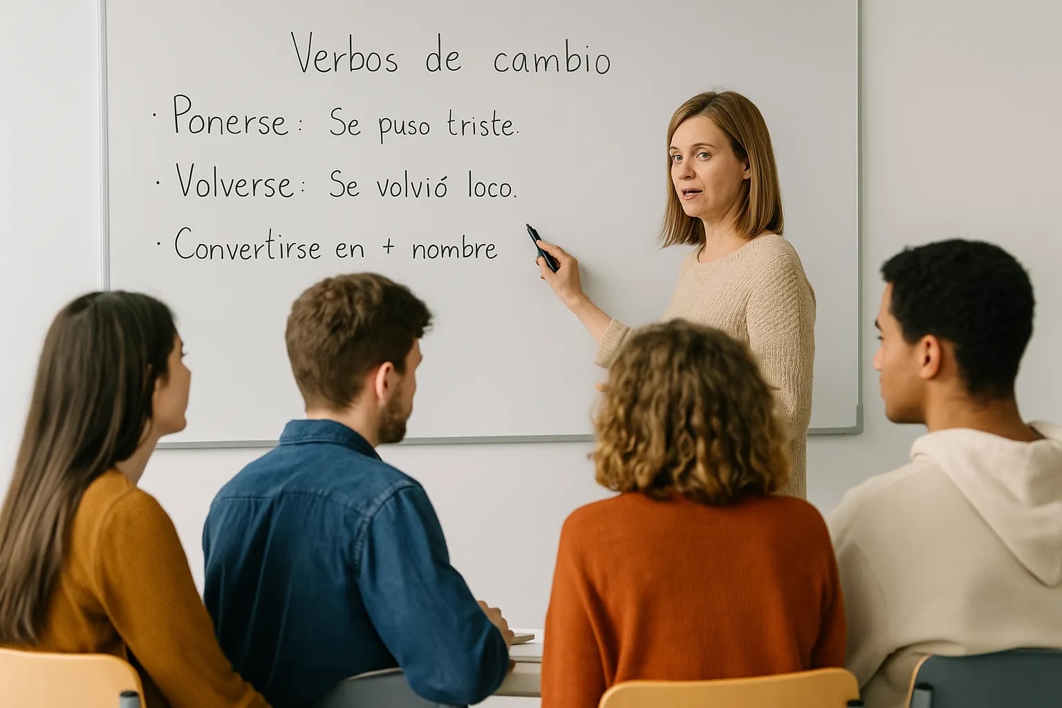 Group of Spanish students practicing change verbs (to become) in class – A2 grammar activity