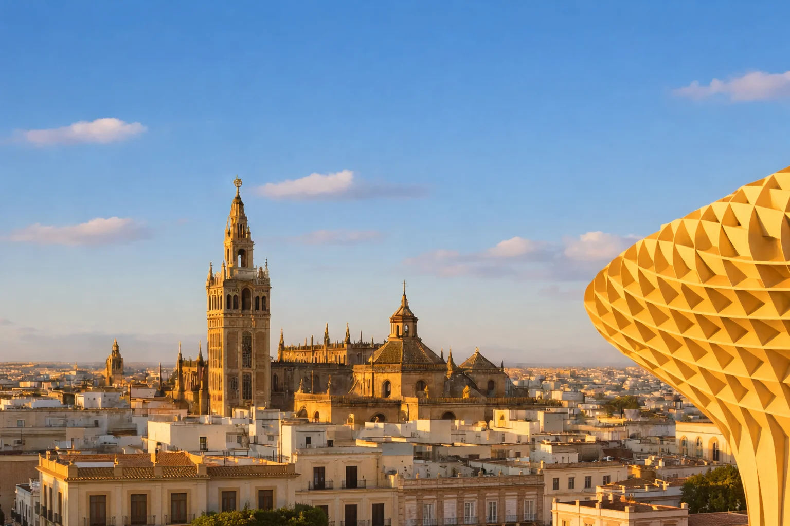 Seville skyline with the Giralda and Metropol Parasol, ideal city to learn Spanish