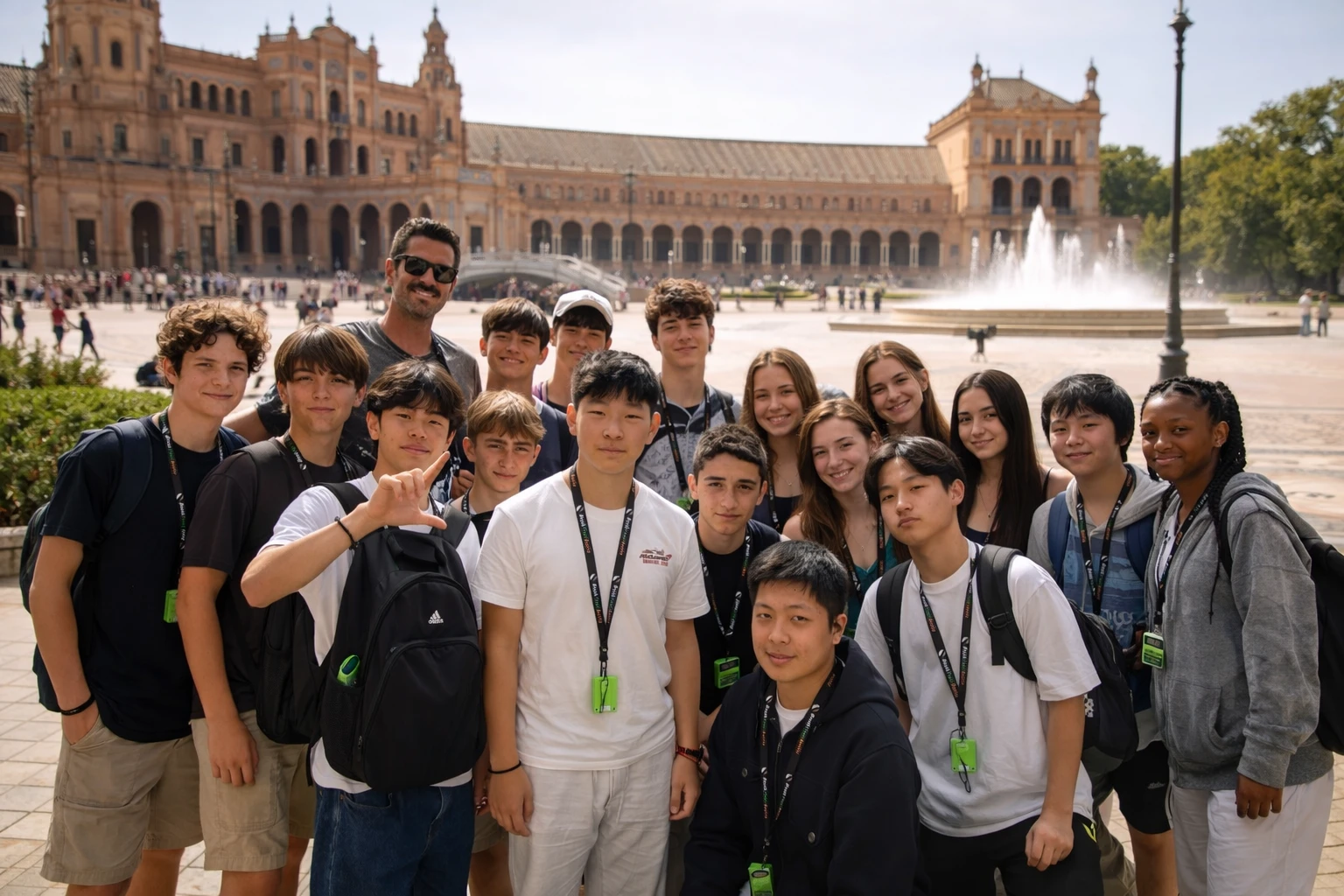 International group of young students visiting Plaza de España in Seville during a Spanish language programme