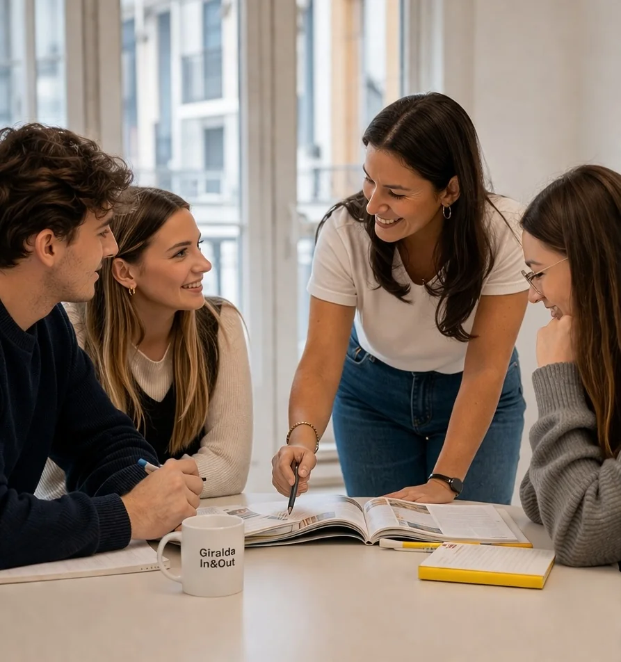 Students and teacher in a small-group Spanish class at Giralda In&Out, Seville