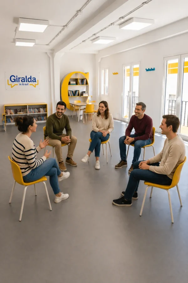 Curso intensivo de español en Sevilla en grupo reducido con estudiantes adultos de diferentes edades interactuando en un ambiente comunicativo y relajado