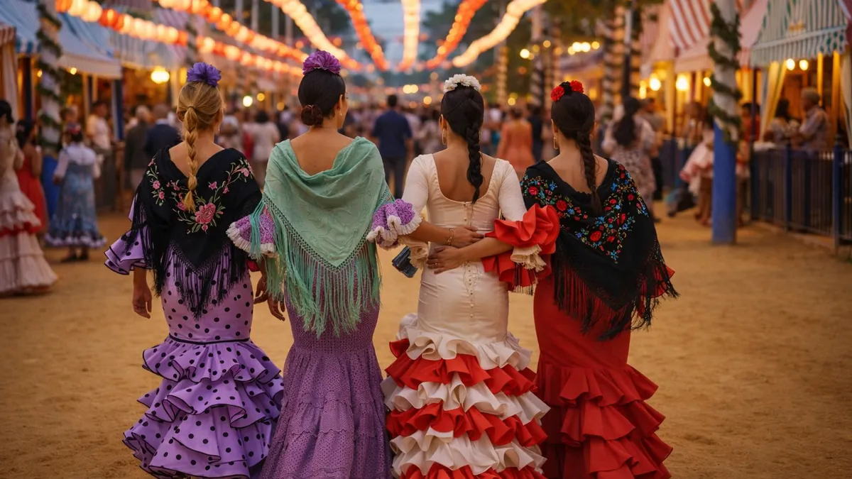 Women in flamenco dresses walking at the Seville April Fair with lanterns and casetas