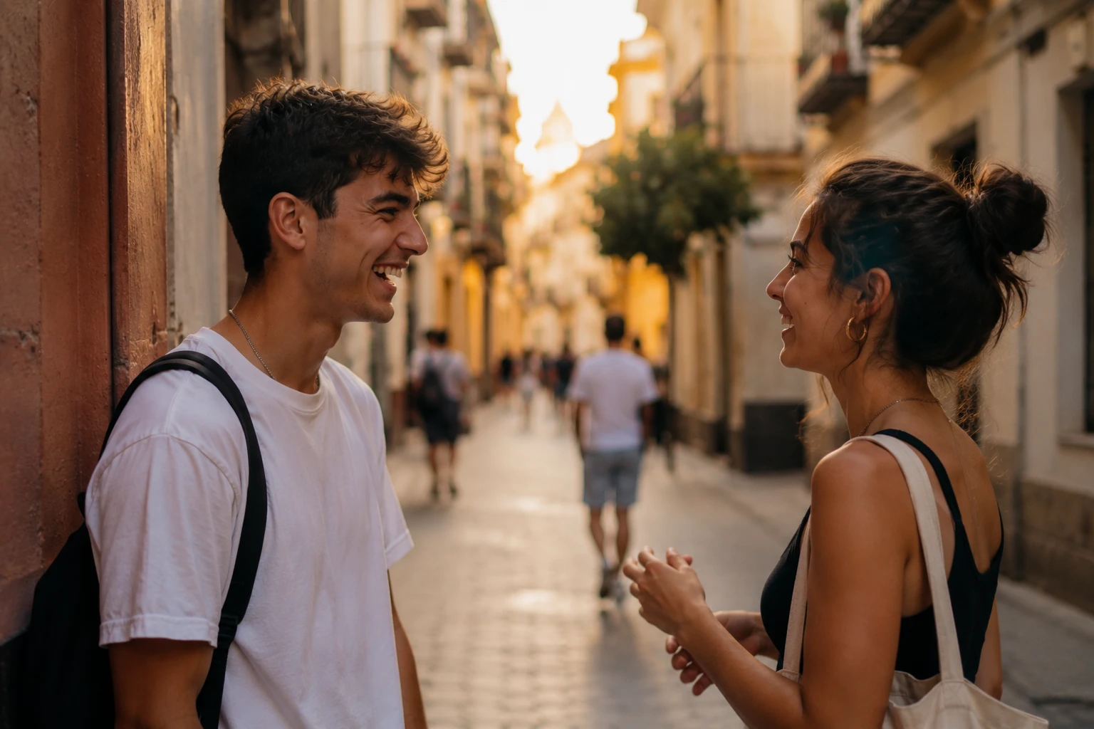 Young people having a spontaneous conversation in the streets of Seville while practising Spanish